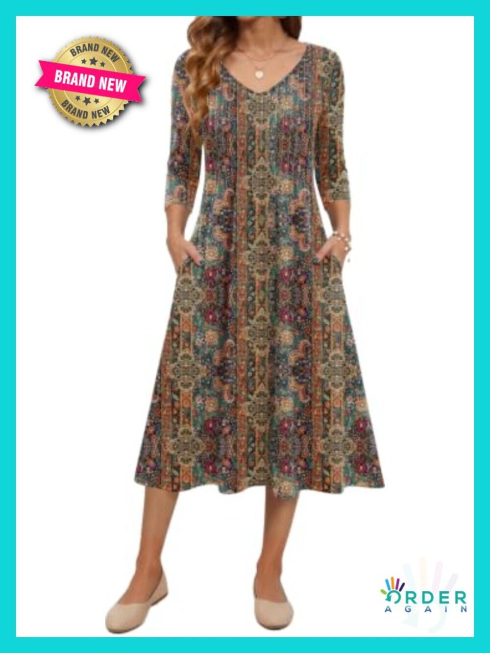Pleated Midi Dress 3/4 Sleeve V-Neck Casual with Pockets